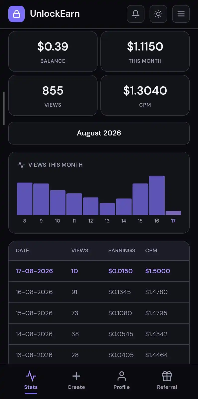 UnlockEarn mobile dashboard